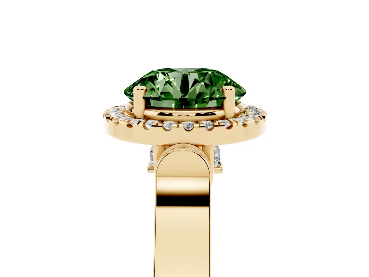 Fancy Green Round Cut Halo Round Diamond Twist Band with Four-Prong Setting Yellow gold