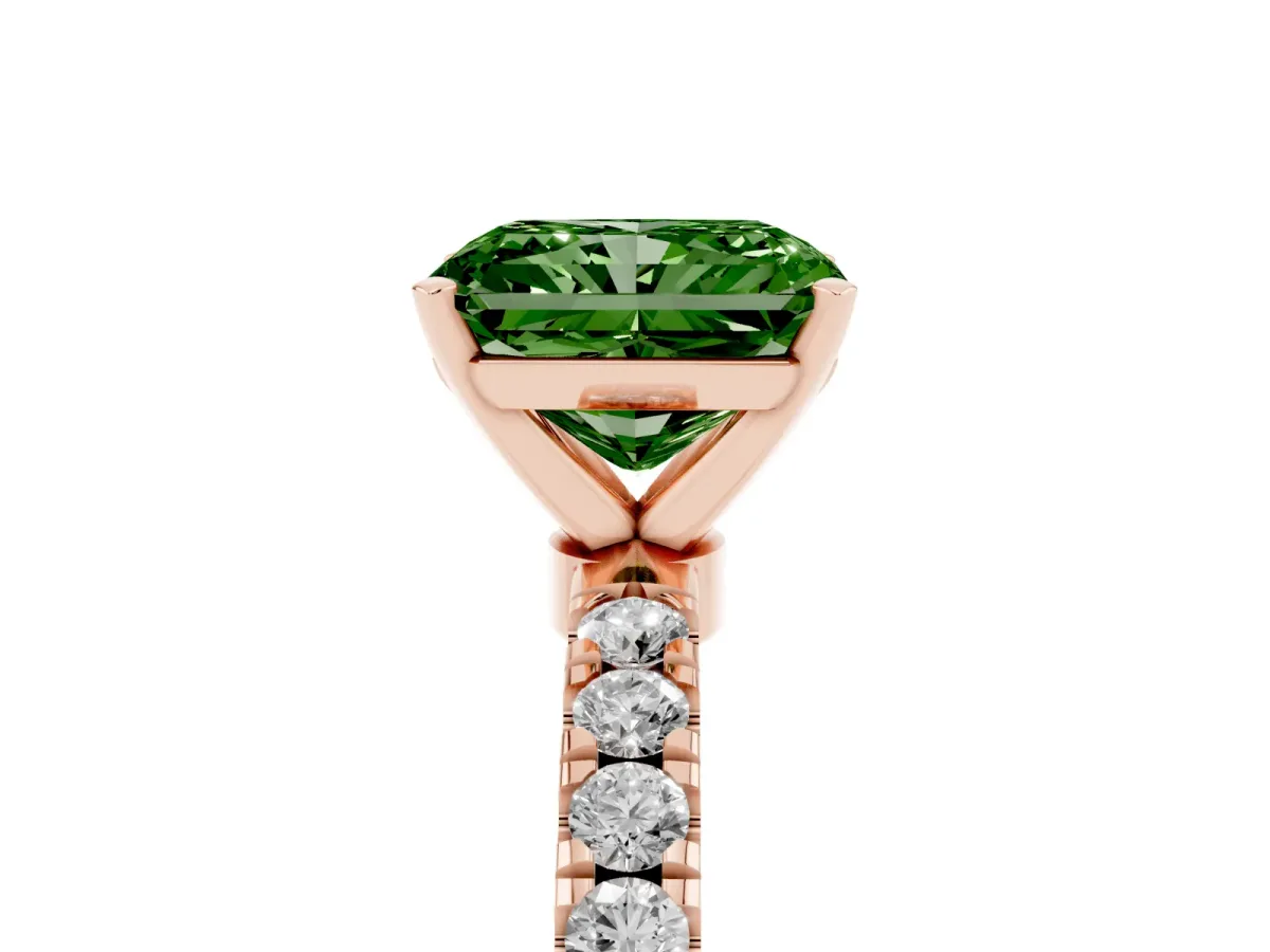 Fancy Green Radiant Cut Diamond Solitaire Ring with Pavé Accents and Four-Prong Setting Rose gold