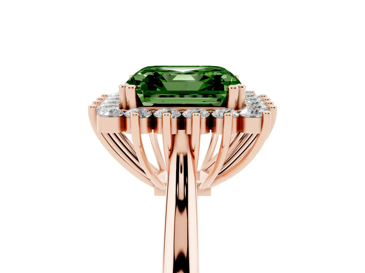 Fancy Green Asscher Cut Cut Diamond Halo Ring with Solitaire Band and Prong Setting Rose gold
