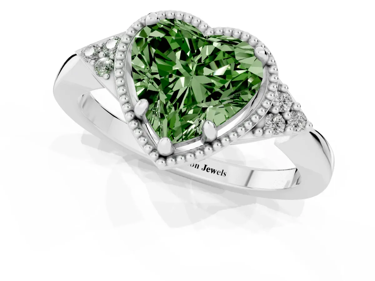 Fancy Green Heart Cut Diamond Halo Ring with Tapered Band and Four-Prong Setting Platinum