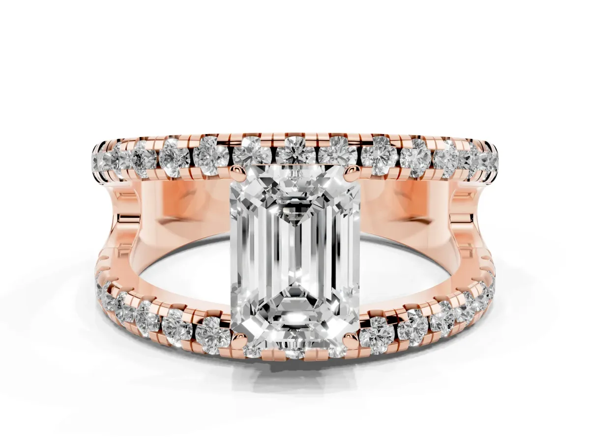 Emerald Cut Solitaire Split Shank Pave Diamond Ring Rose gold