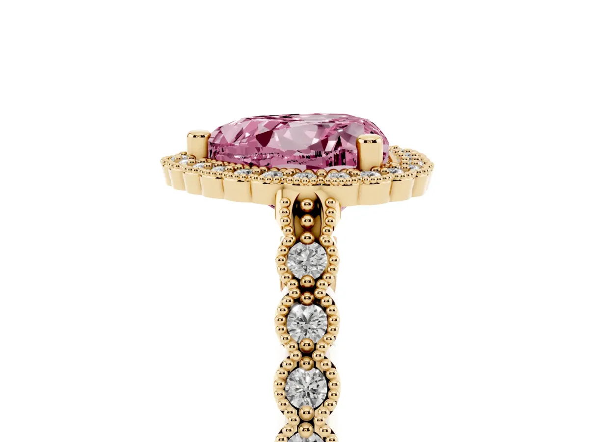 Fancy Pink Heart Cut Cut Halo Pavé Solitaire Ring with Milgrain Band Yellow gold