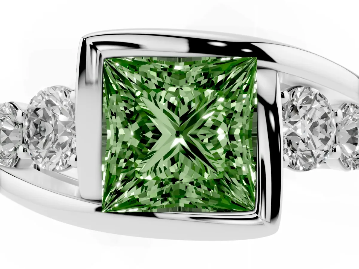 Fancy Green Bezel Set Princess Cut Diamond Bypass Ring with Round Accents Silver
