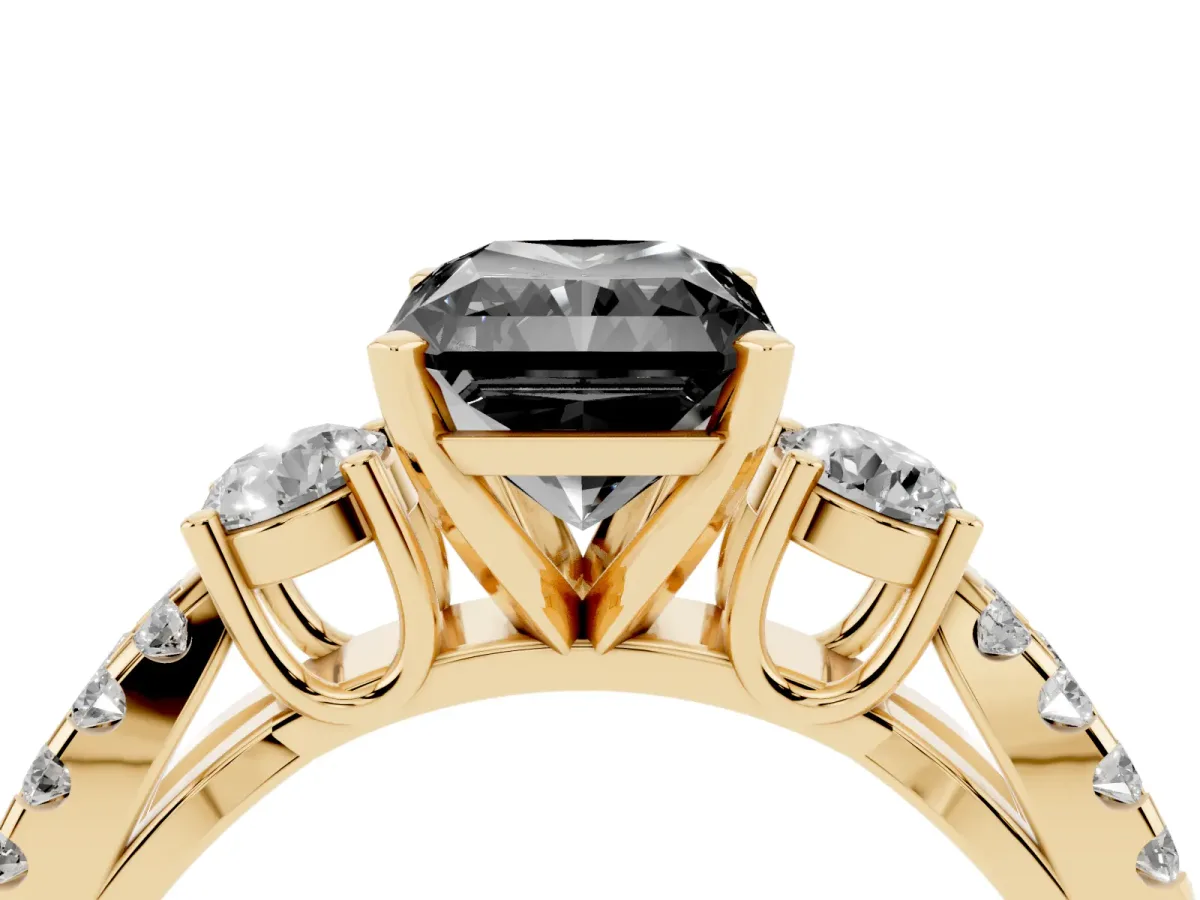 Fancy Black Radiant Cut Diamond Three-Stone Ring with Pavé Split Shank and Four-Prong Setting Yellow gold