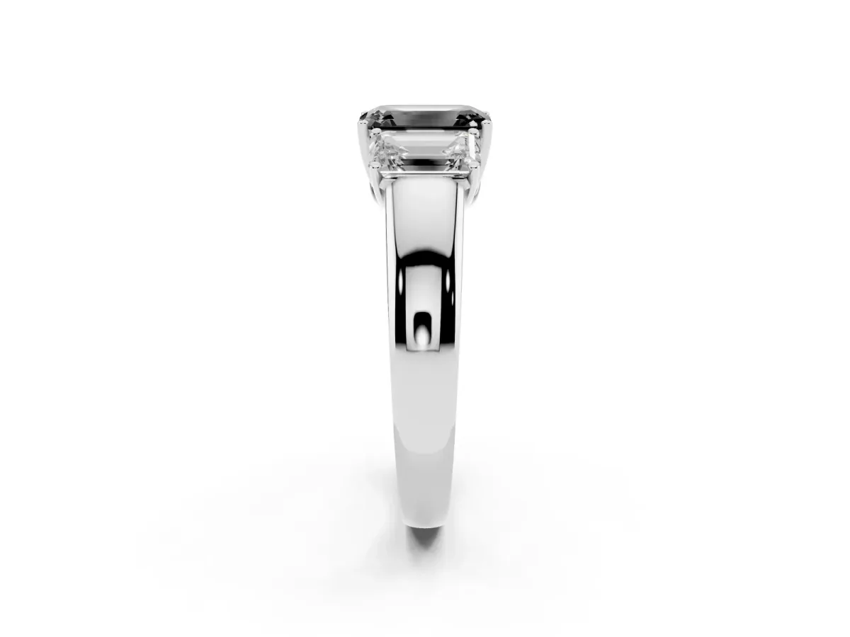 Fancy Black Three-Stone Emerald Cut Cut Diamond Ring with Prong Setting and Classic Band Silver
