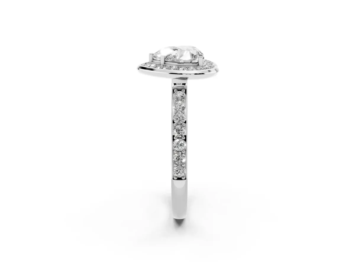 Heart Cut Diamond Halo Ring with Bezel Frame and Pavé Band Silver