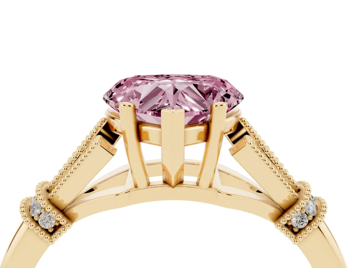 Fancy Pink Heart Cut Diamond Solitaire Ring with Floral Filigree and Pave Accents Yellow gold