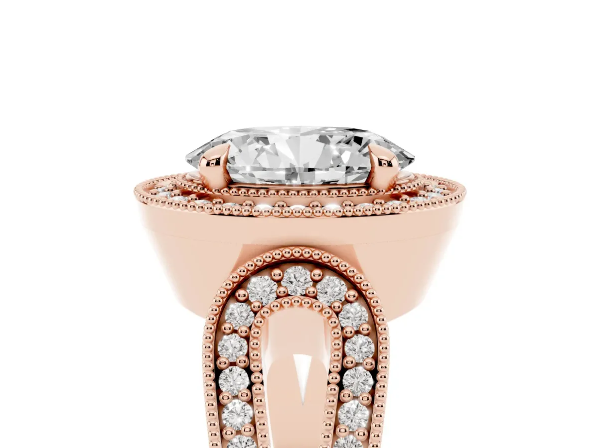 Oval Cut Halo Split Shank Milgrain Diamond Ring Rose gold