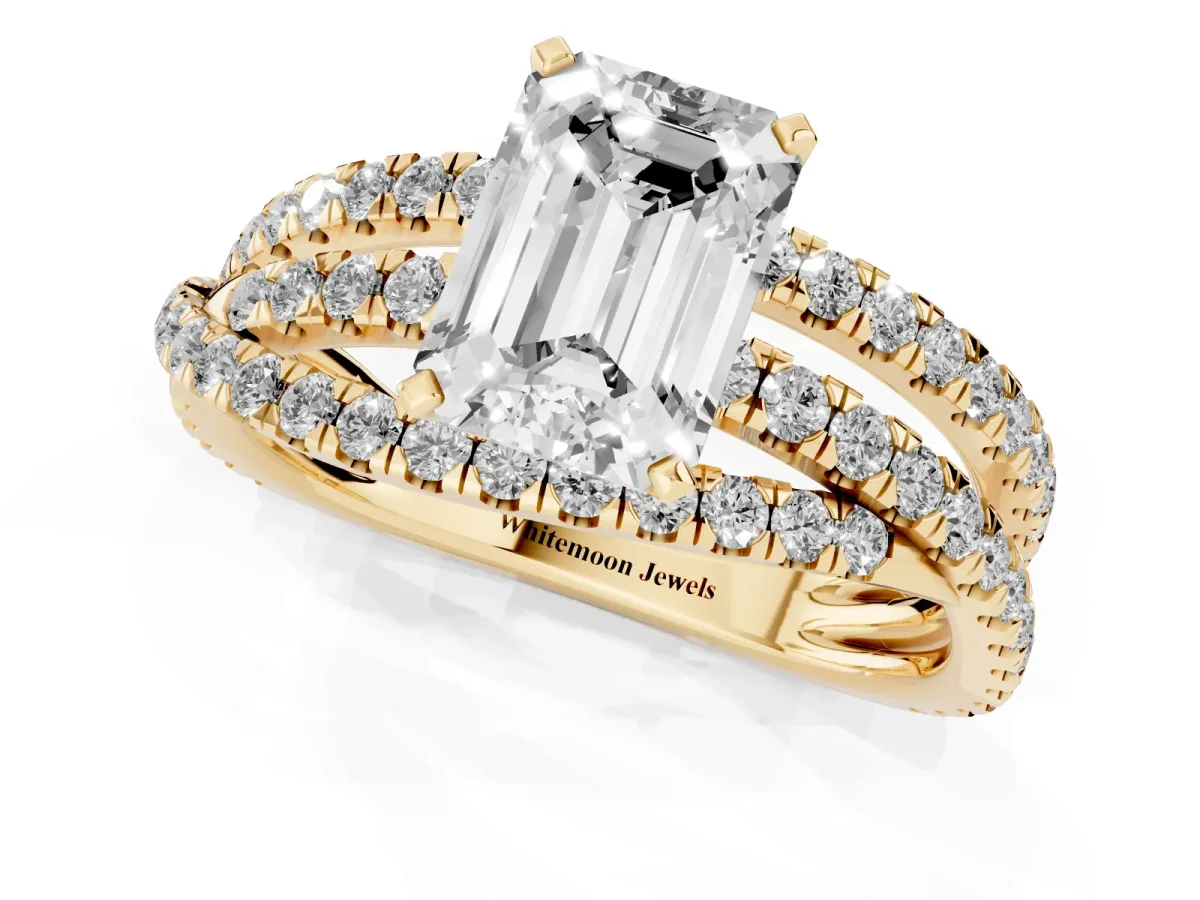 Emerald Cut Solitaire Twist Band with Pavé Setting and Four-Prong Setting Yellow gold