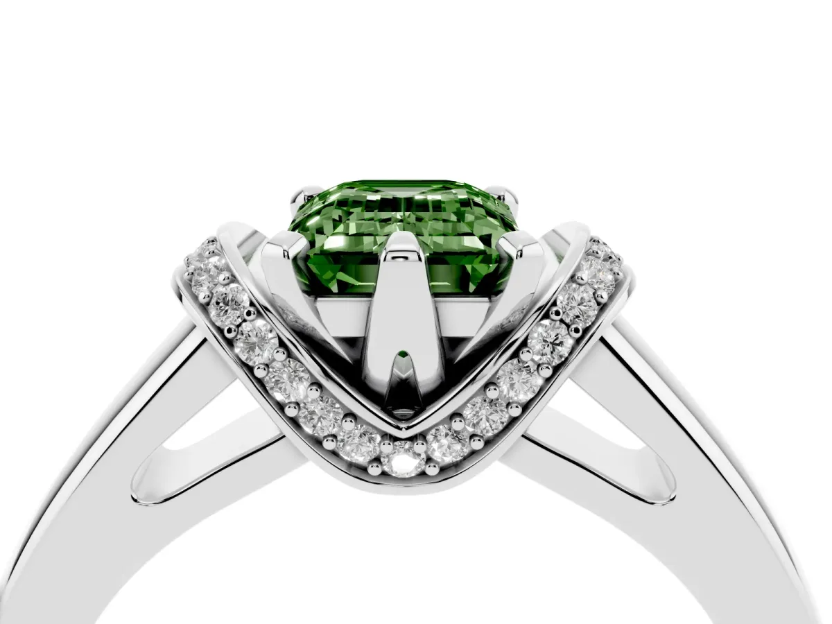 Fancy Green Emerald Cut Solitaire Diamond Ring with Pave Band and Six-Prong Setting Platinum
