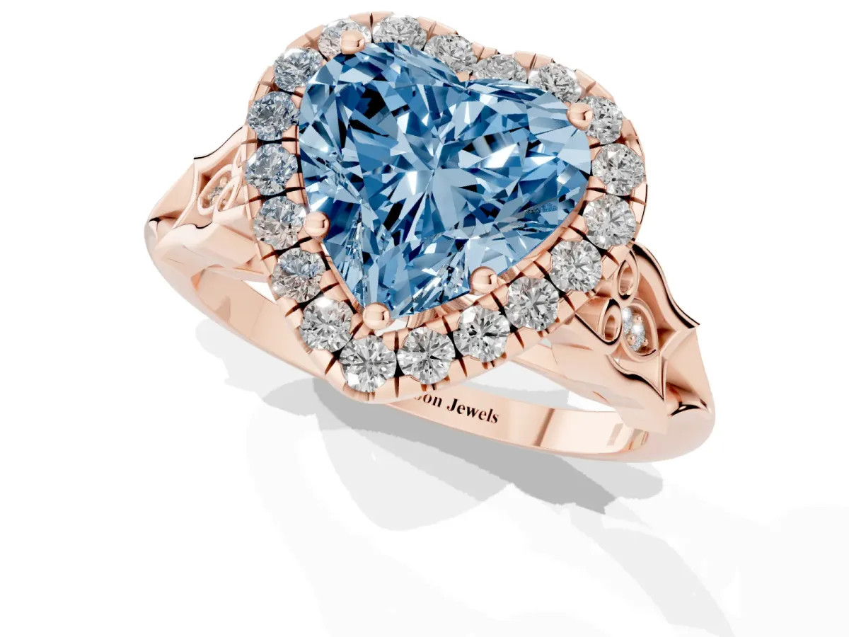 Fancy Blue Heart Cut Halo Diamond Engagement Ring with Filigree Band and Four-Prong Setting Rose gold