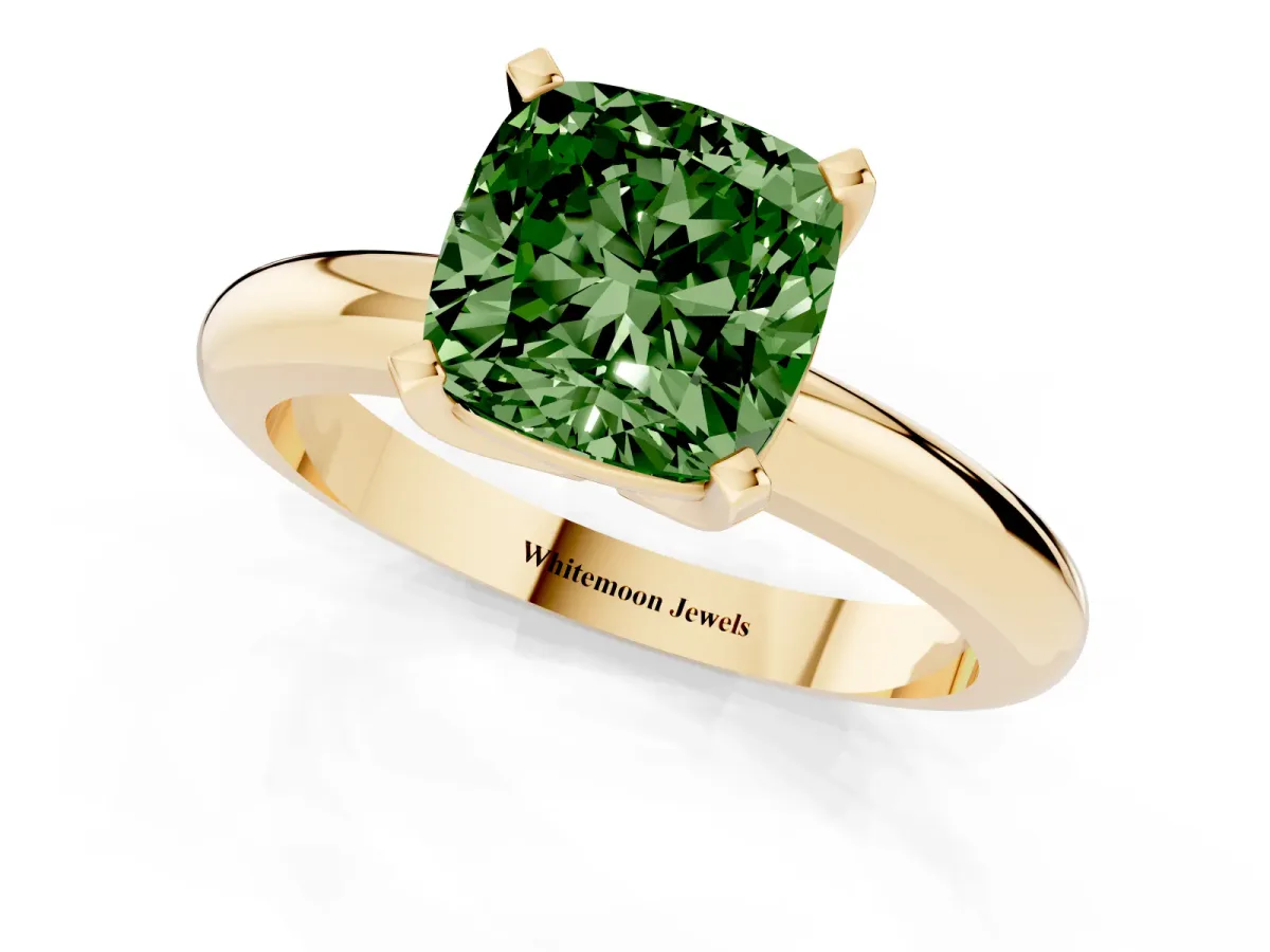 Fancy Green Cushion Cut Diamond Solitaire Engagement Ring with Round Band and Four-Prong Setting Yellow gold