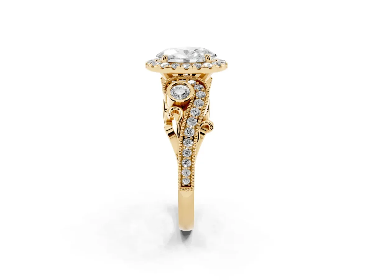 Oval Cut Diamond Halo Ring with Milgrain Pavé Band and Four-Prong Setting Yellow gold
