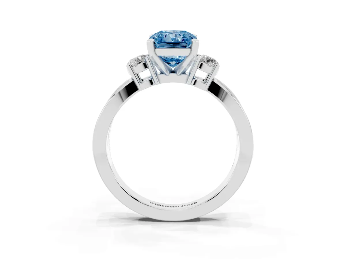Fancy Blue Three-Stone Radiant Cut Cut Diamond Twist Band with Prong Setting Platinum