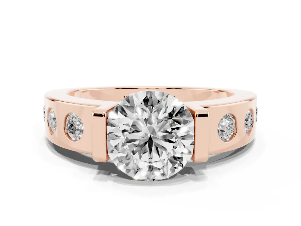 Round Cut Brilliant Channel-Set Diamond Ring with Bezel Prong Setting Rose gold