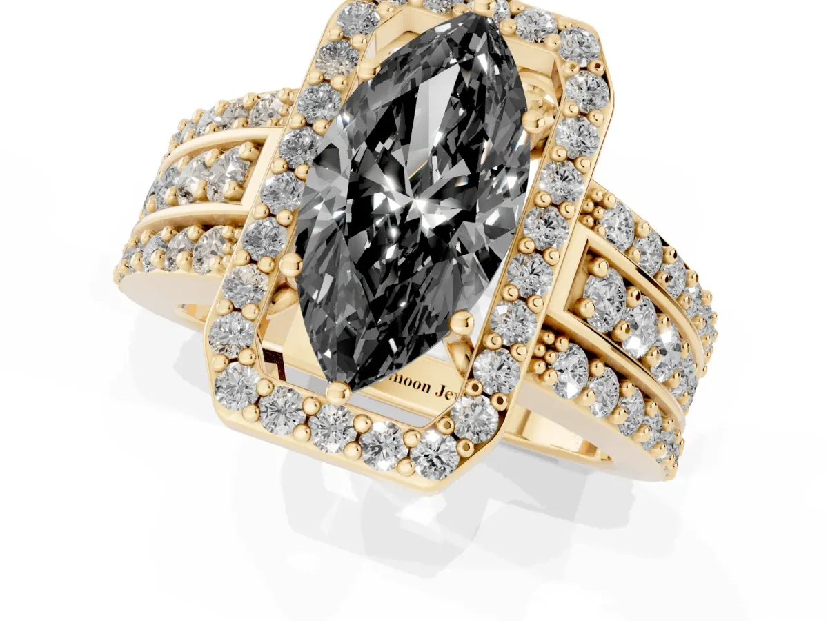 Fancy Black Marquise Cut Halo Diamond Ring with Round Split Shank and Prong Setting Yellow gold