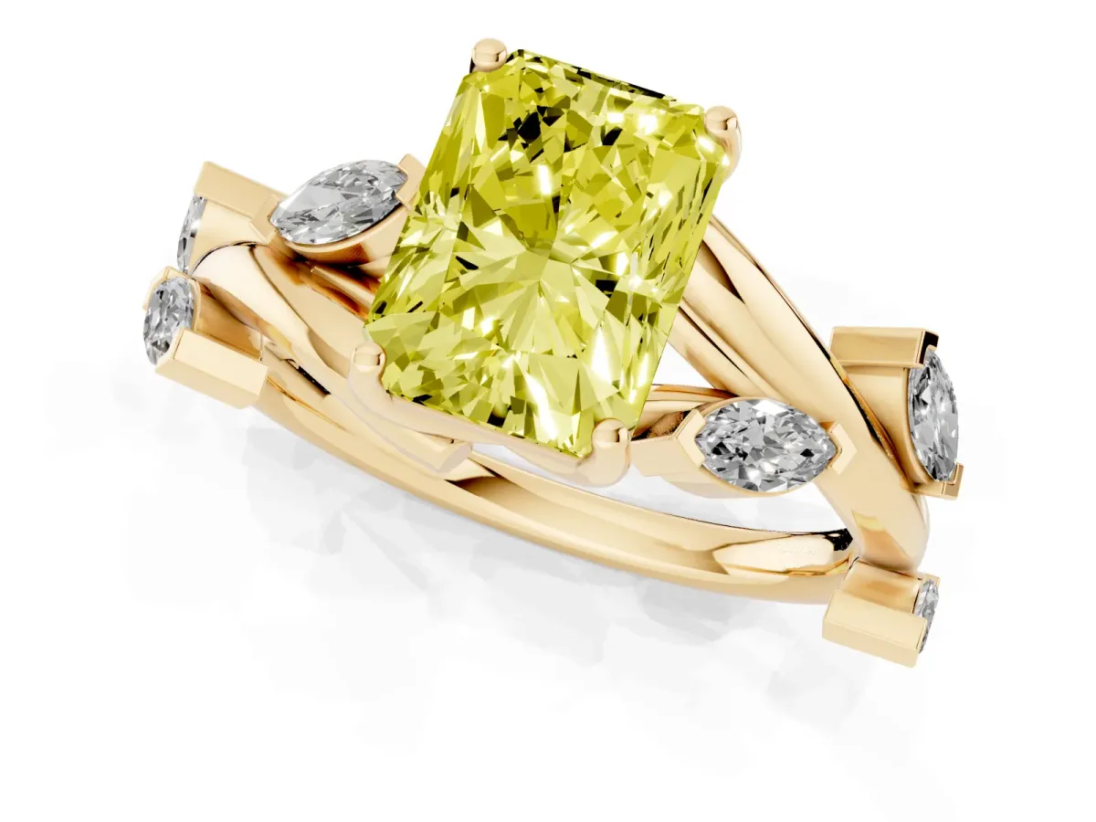 Fancy Yellow Radiant Cut Solitaire Twisted Band Marquise Accent Prong Setting Ring Yellow gold