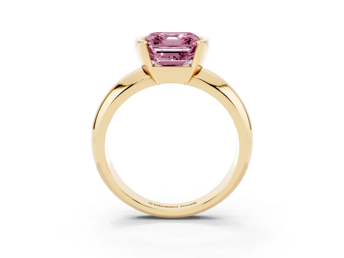 Fancy Pink Asscher Cut Solitaire Tension Set Diamond Ring with Wide Band Yellow gold
