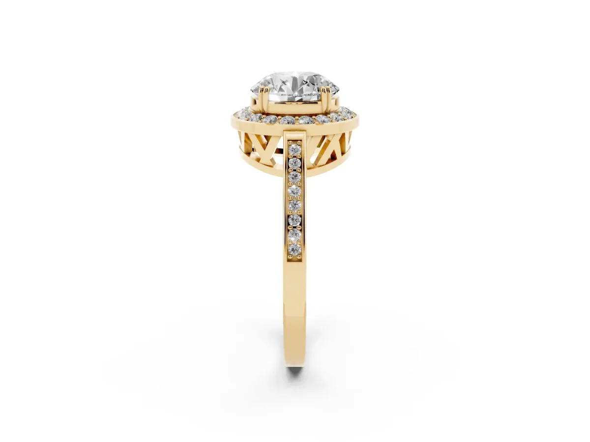 Round Cut Diamond Halo Ring with Split Shank and Four-Prong Setting Yellow gold