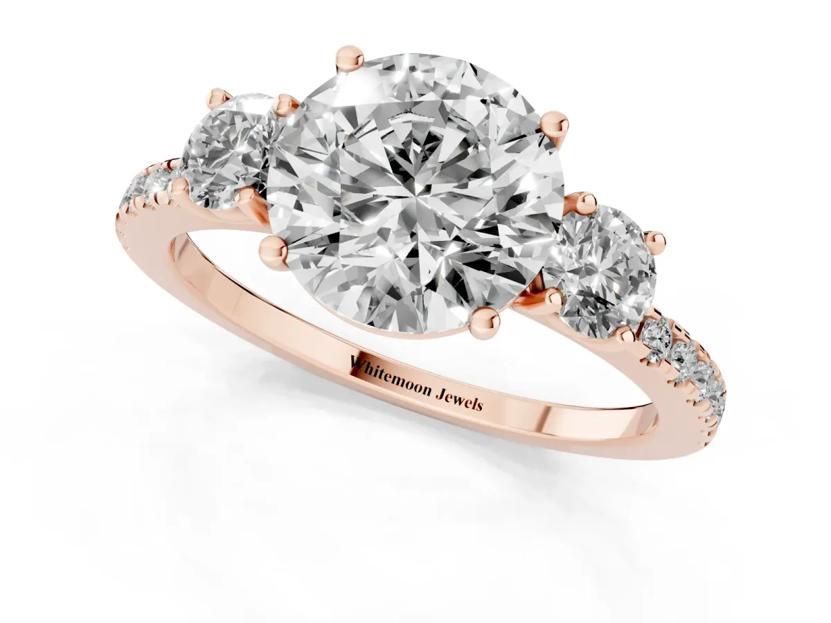 Three-Stone Round Cut Cut Diamond Pavé Band with Prong Setting Rose gold