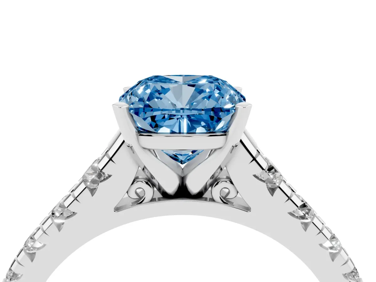 Fancy Blue Cushion Cut Diamond Cathedral Solitaire Ring with Round Pavé Band Silver