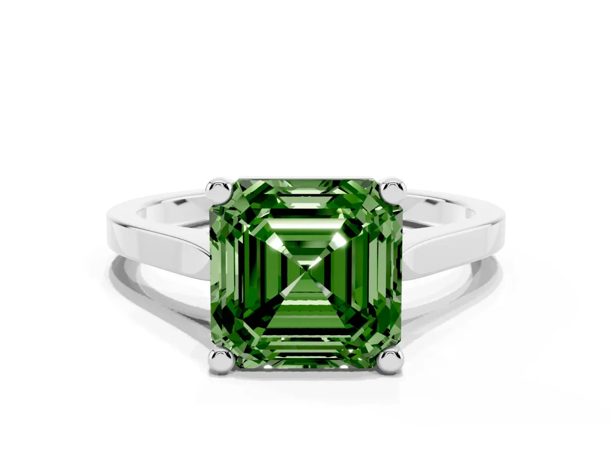 Fancy Green Asscher Cut Solitaire Diamond Ring with Four-Prong Setting and Tapered Band Silver