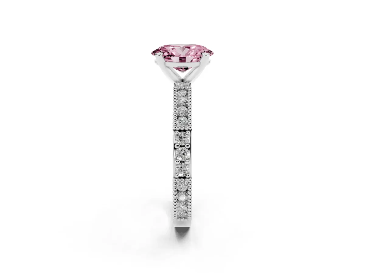 Fancy Pink Oval Cut Solitaire with Pavé Band and Four-Prong Setting Silver
