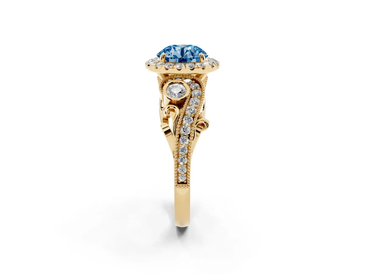 Fancy Blue Round Cut Halo Diamond Ring with Milgrain and Bezel Accents on a Split Shank Band Yellow gold