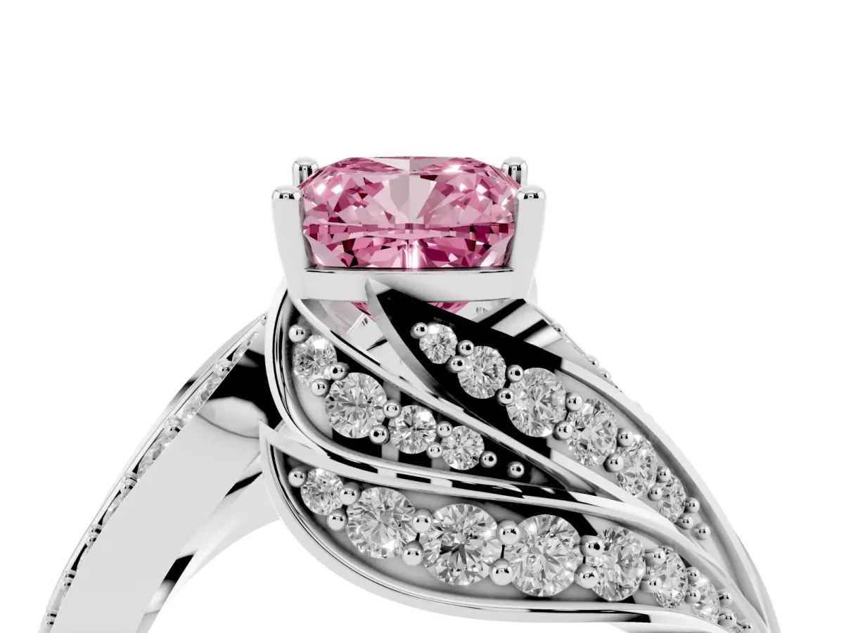 Fancy Pink Cushion Cut Diamond Solitaire Ring with Prong Setting and Twisted Pavé Band Silver