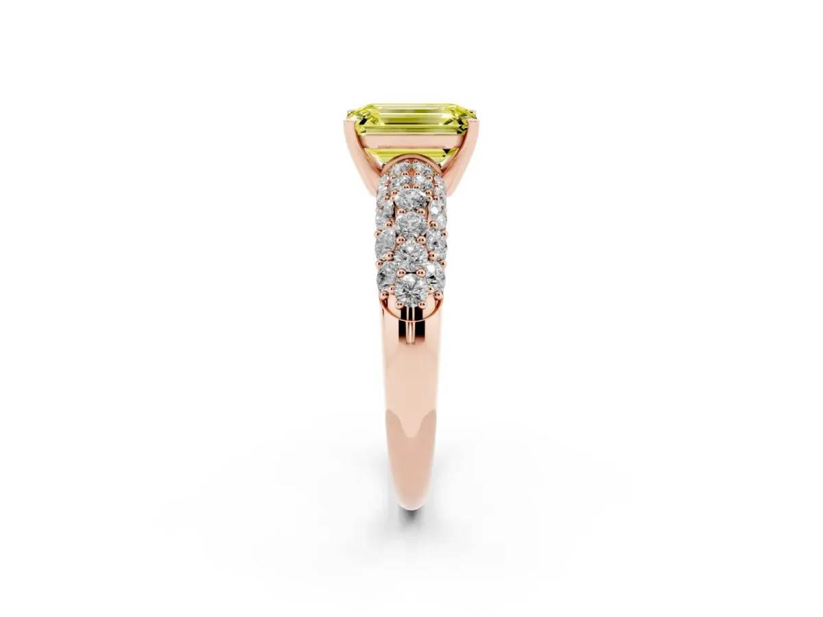 Fancy Yellow Emerald Cut Diamond Pavé Band Solitaire Ring with Four-Prong Setting Rose gold