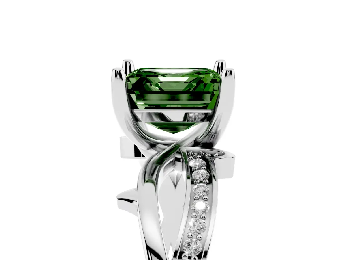 Fancy Green Asscher Cut Solitaire Twist Band with Pavé Accents and Four-Prong Setting Platinum