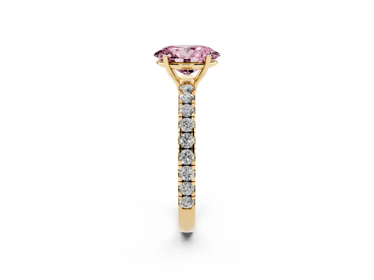 Fancy Pink Oval Cut Diamond Pavé Solitaire Engagement Ring with Four-Prong Setting Yellow gold