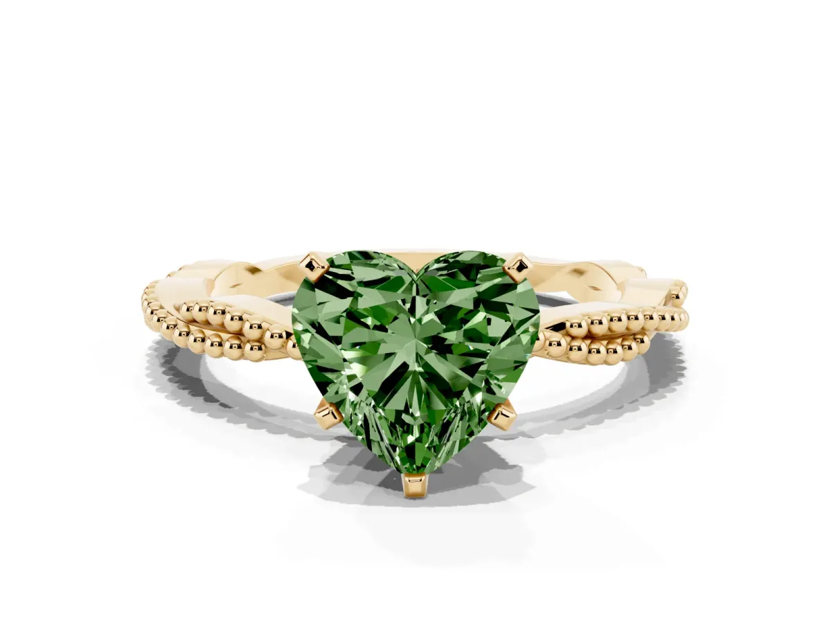 Fancy Green Heart Cut Solitaire Twisted Band with Bead Prong Setting Yellow gold