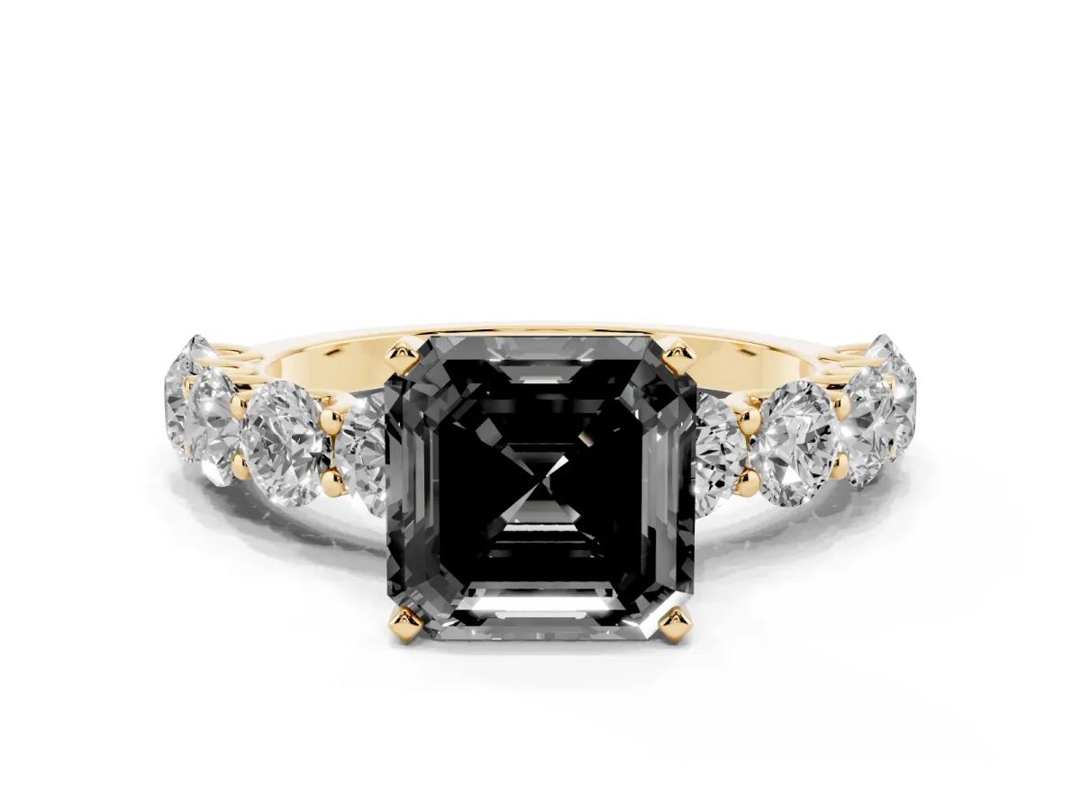 Fancy Black Asscher Cut Diamond Prong Setting with Side Stones on a Pave Band Yellow gold