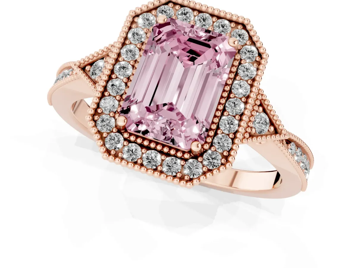 Fancy Pink Emerald Cut Halo Round Diamond Milgrain Pave Engagement Ring Rose gold