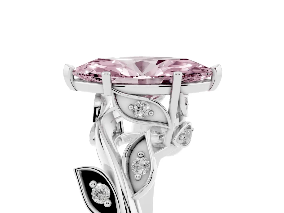 Fancy Pink Marquise Cut Solitaire Twist Engagement Ring with Leaf Accents and Prong Setting Silver