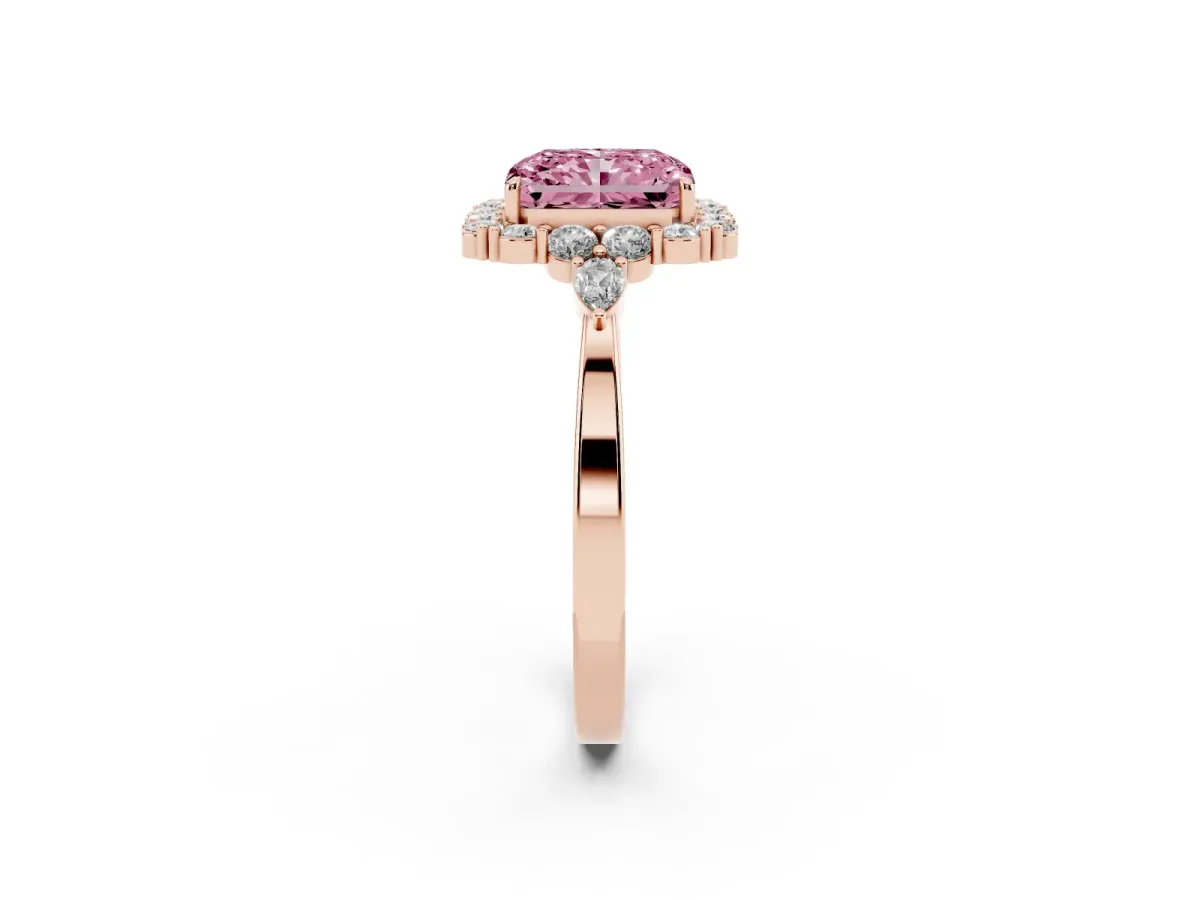 Fancy Pink Radiant Cut Diamond Halo Ring with Pear Side Stones and Prong Setting Rose gold