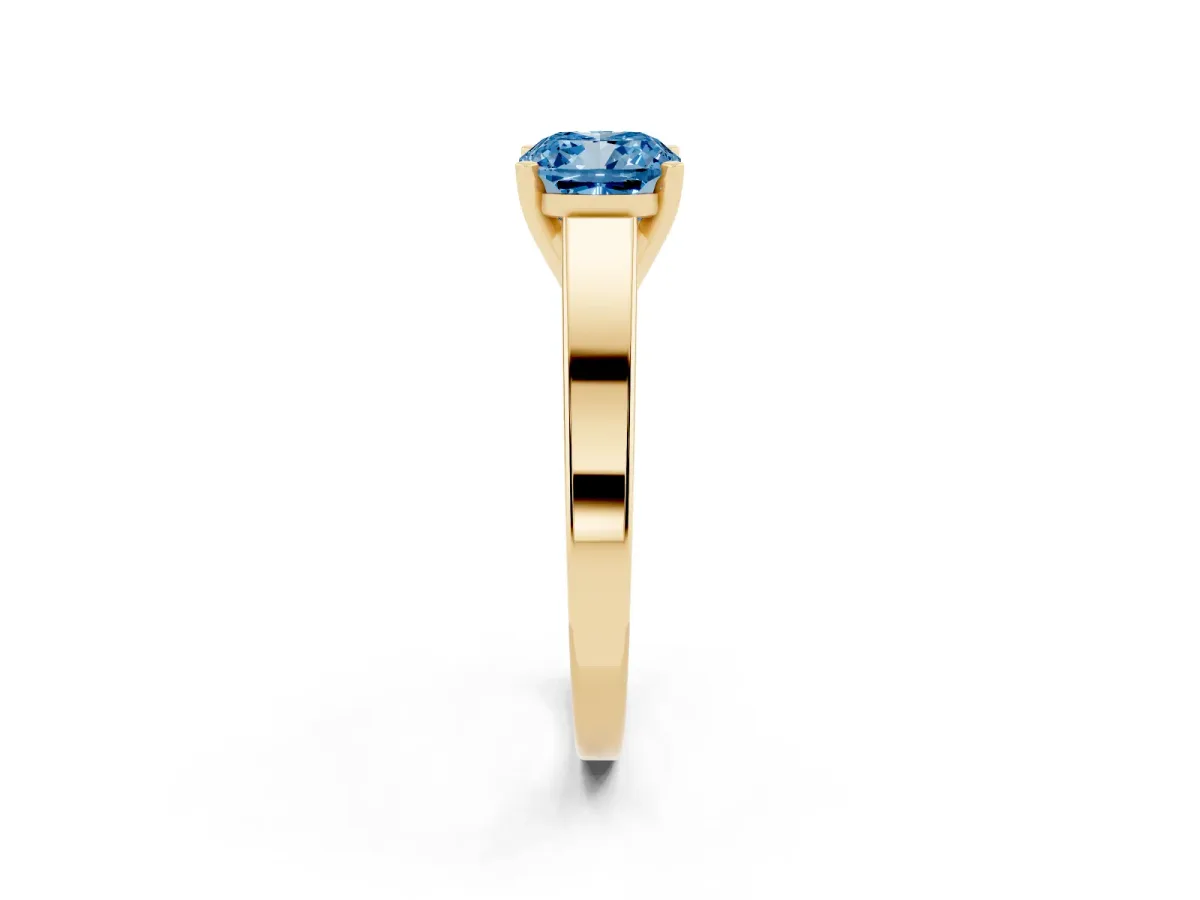 Fancy Blue Cushion Cut Solitaire Engagement Ring with Four-Prong Setting and Tapered Band Yellow gold