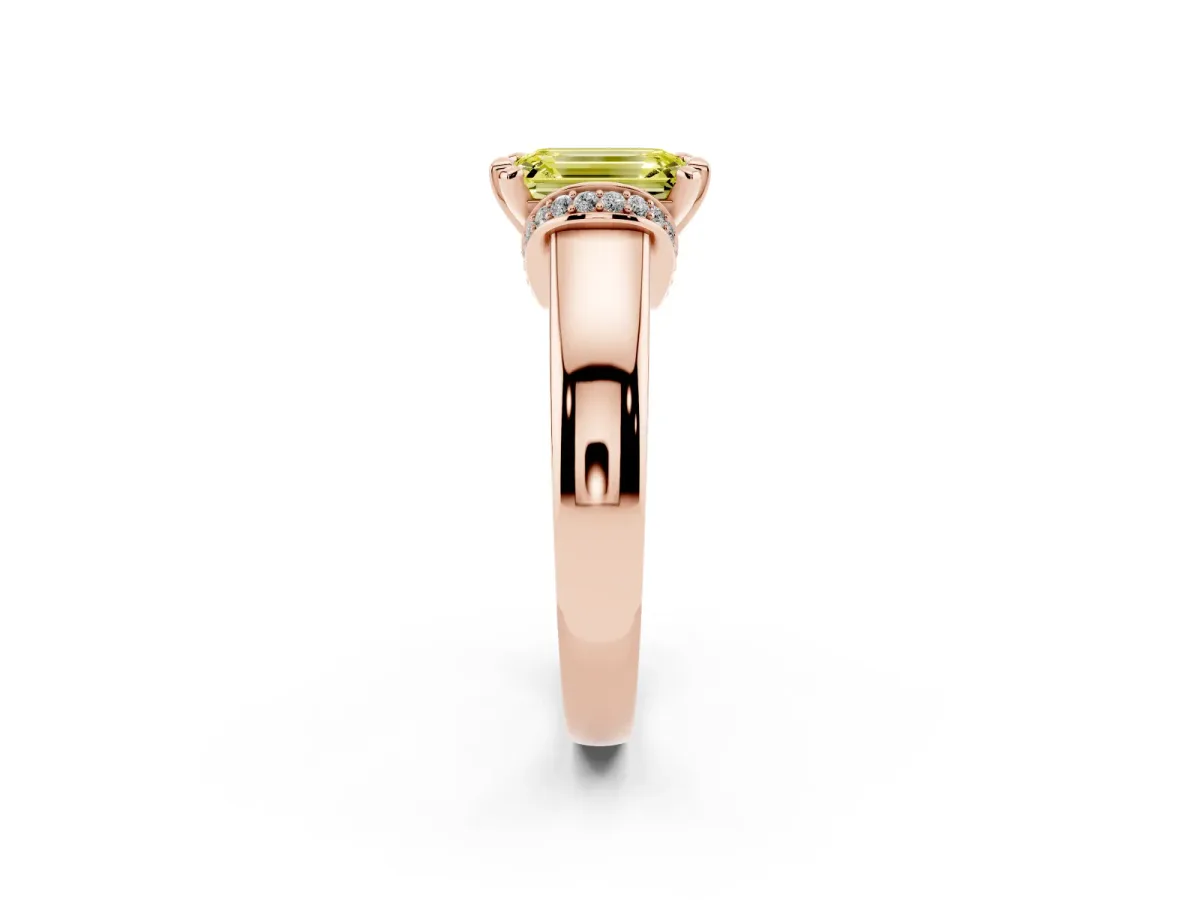 Fancy Yellow Emerald Cut Solitaire Diamond Ring with Pave Band and Six-Prong Setting Rose gold