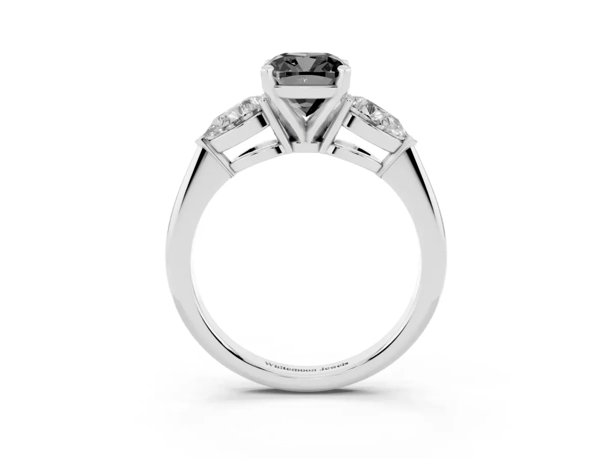 Fancy Black Three-Stone Cushion Cut Diamond Ring with Pear Side Stones and Four-Prong Setting Silver
