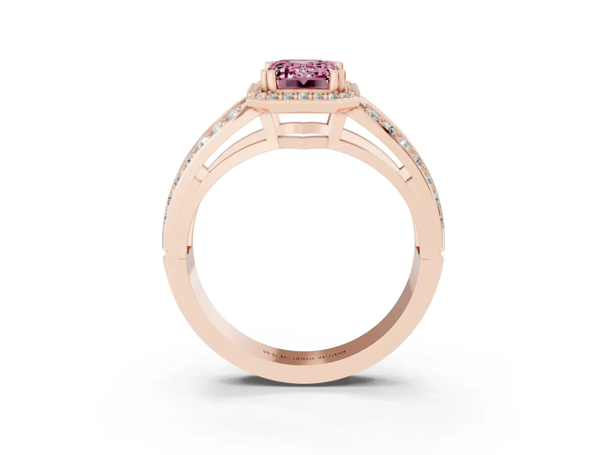 Fancy Pink Emerald Cut Diamond Halo Ring with Split Shank Pavé Band and Four-Prong Setting Rose gold