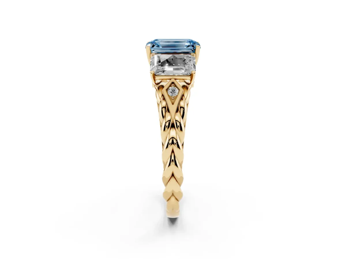 Fancy Blue Three-Stone Radiant Cut Diamond Braided Band Ring with Four-Prong Setting Yellow gold