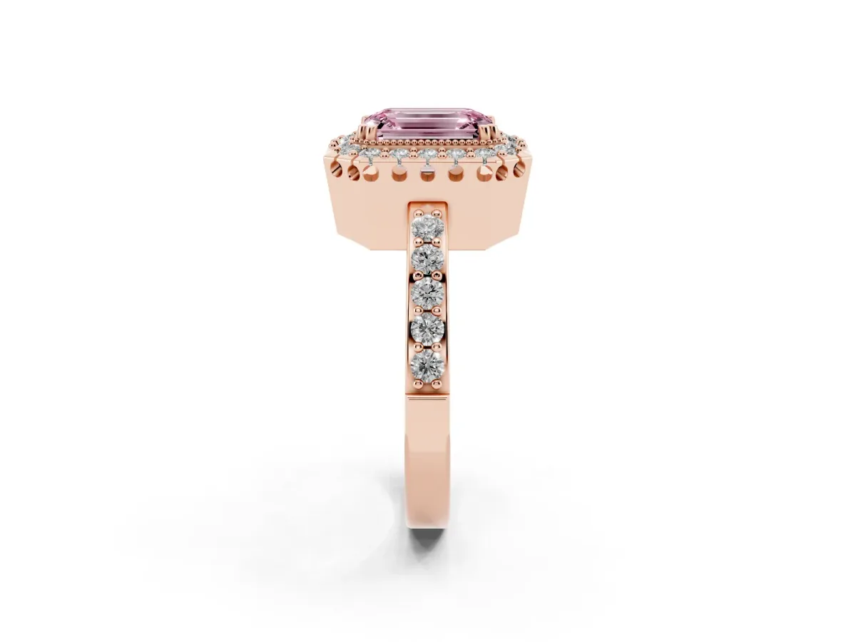 Fancy Pink Emerald Cut Diamond Halo Ring with Pavé Band and Prong Setting Rose gold