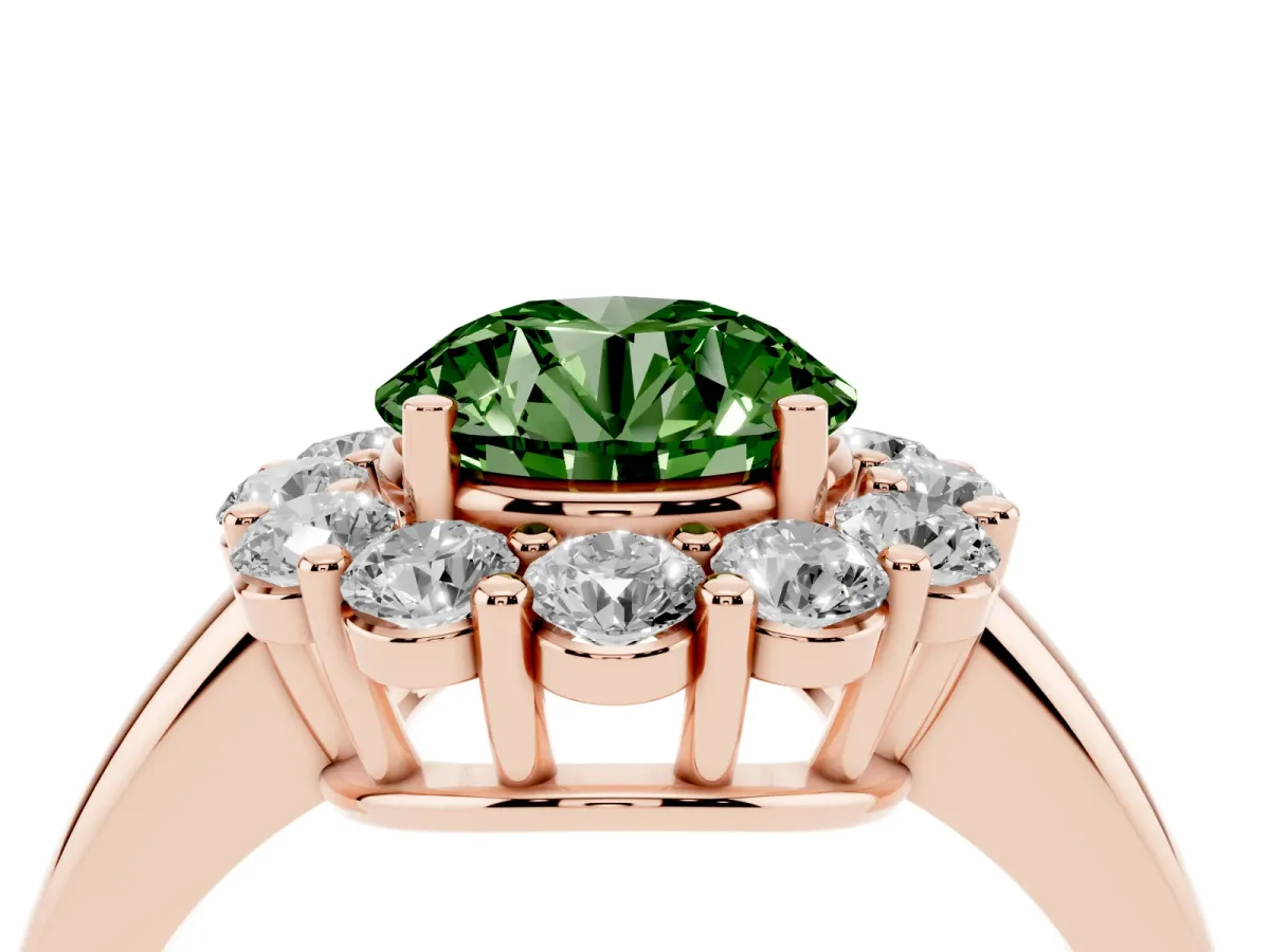 Fancy Green Round Cut Halo Cluster Diamond Engagement Ring with Prong Setting and Polished Band Rose gold
