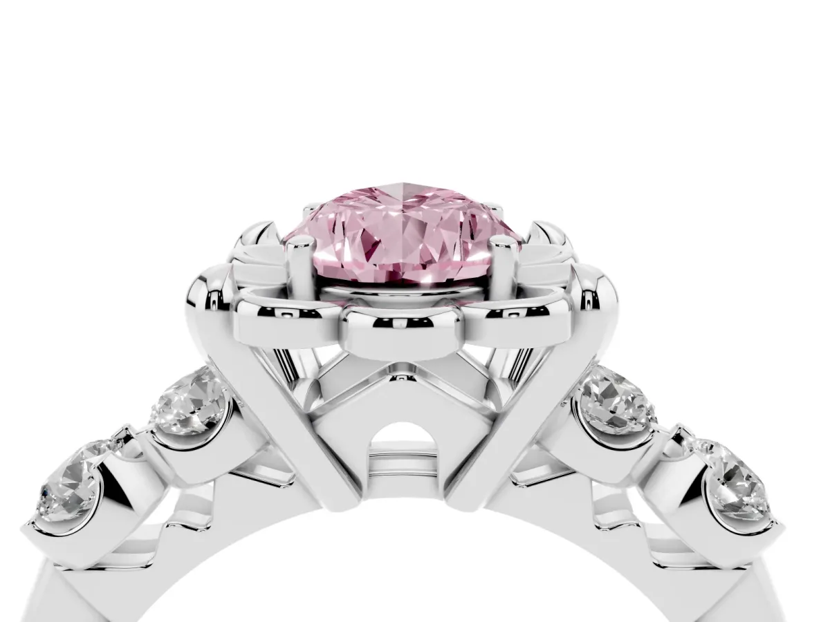 Fancy Pink Pear Cut Cut Diamond Floral Halo Engagement Ring with Shared Prong Setting Silver