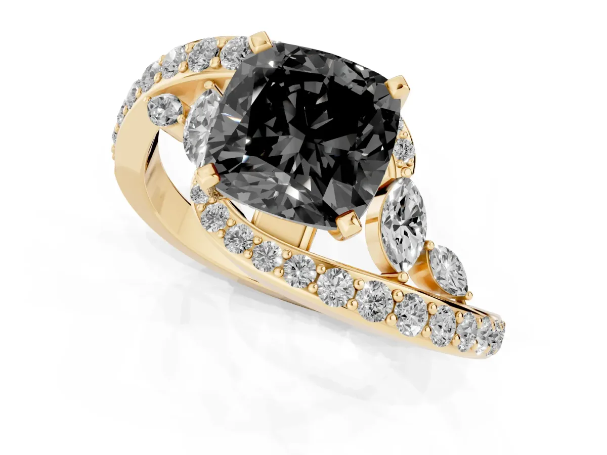 Fancy Black Cushion Cut Diamond Solitaire Ring with Filigree Band and Four-Prong Setting Yellow gold