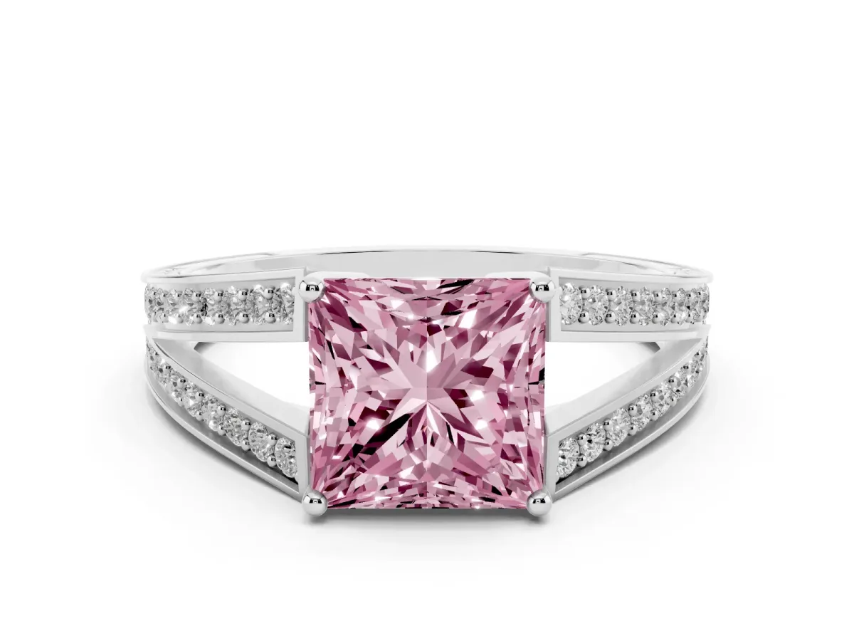 Fancy Pink Princess Cut Diamond Split Shank Ring with Pavé Band and Four-Prong Setting Platinum