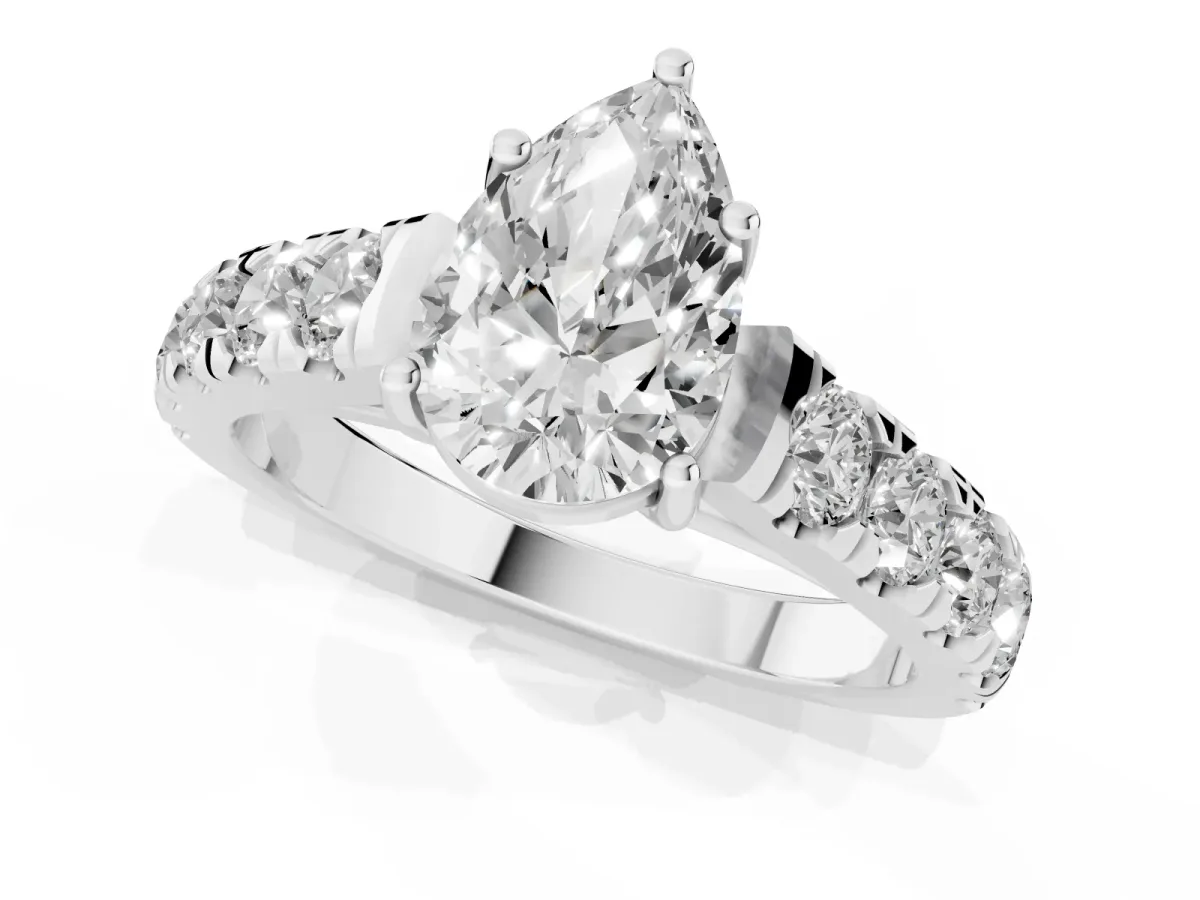 Pear Cut Cut Diamond Solitaire Ring with Micro Pave Band and Prong Setting Platinum