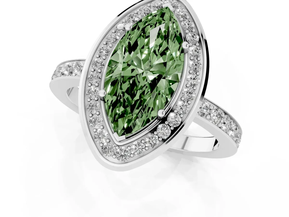 Fancy Green Marquise Cut Diamond Halo Ring with Bezel Frame and Pavé Band Silver
