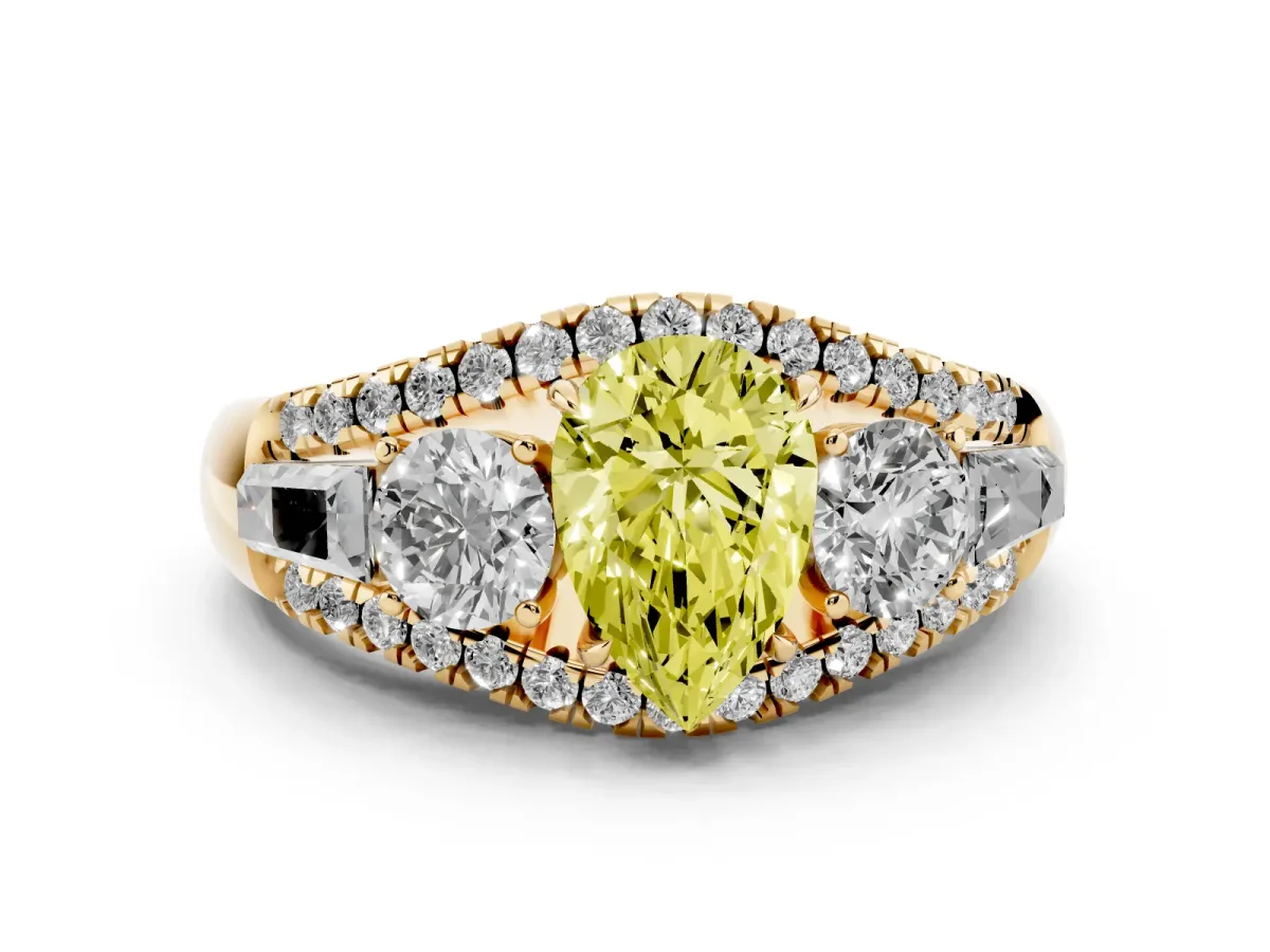 Fancy Yellow Three-Stone Pear Cut Diamond Engagement Ring with Pave Band and Prong Setting Yellow gold